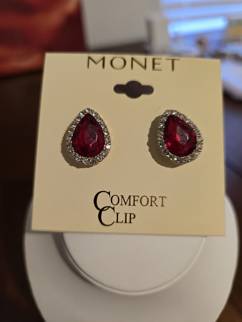 MONET Red 🌹 Teardrop Crystal Comfort Clip Earrings, New with Tags!